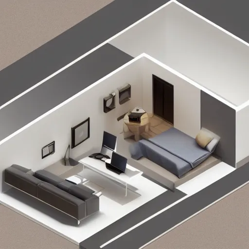 Prompt: isometric 3 d interior of a modern house, architectural concept, product design, soft shadows