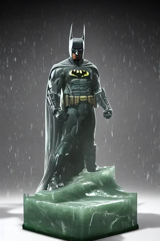 Image similar to batman carved from translucent jade,, the dark knight, frank miller, dynamic pose standing on a marble pedestal, intricate details, intricate textures, warm lighting, vivid colors, smoke and mist, realistic octane render, hyper realistic render, volumetric shading, depth of field, raytracing, 8 k,