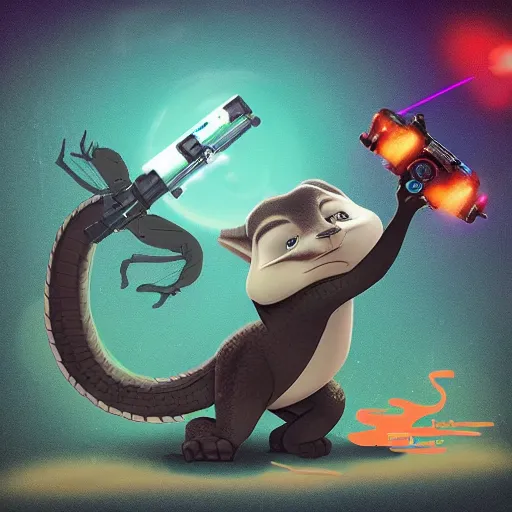 Image similar to “ komodo dragon in the style of zootopia holding laser gun, floating alone, with a black background, digital art, award winning, trending on art station, retro style ”