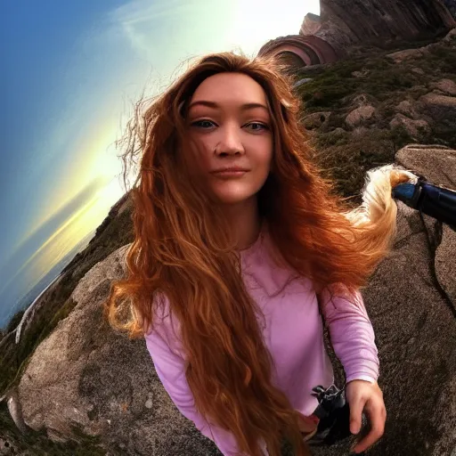 Image similar to Selfie!!!!! of a woman with gorgeous hair flowing in the wind, on a cliff!!!!!, first-person view, fisheye!!!!! lens!!!!!, photorealistic image, trending on artstation, 4k, 8k