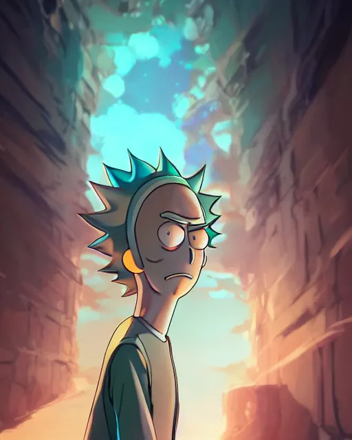 Image similar to rick from rick and morty, medium shot, visible face, detailed, perfectly shaded, perfectly shaded face, atmospheric lighting, by makoto shinkai, stanley artgerm lau, wlop, rossdraws