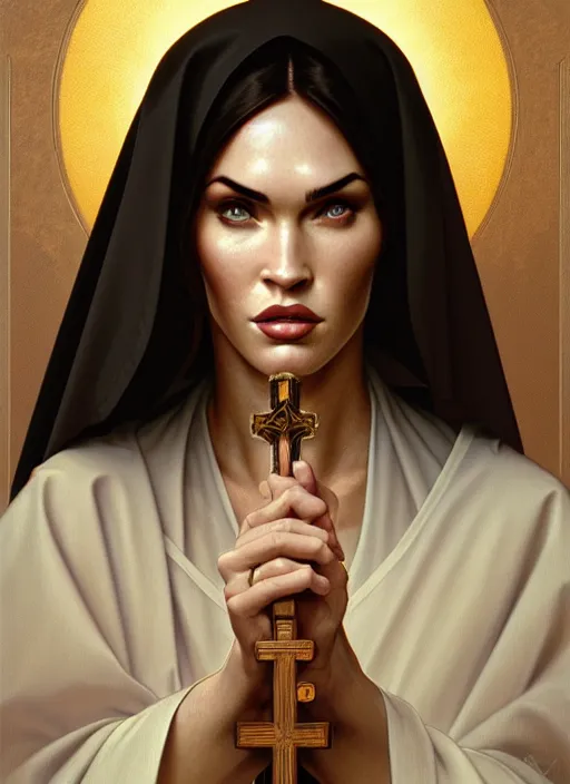 Image similar to portrait of megan fox as nun, bible, church, catholic, christian, intricate, headshot, highly detailed, digital painting, artstation, concept art, sharp focus, cinematic lighting, illustration, art by artgerm and greg rutkowski, alphonse mucha, cgsociety