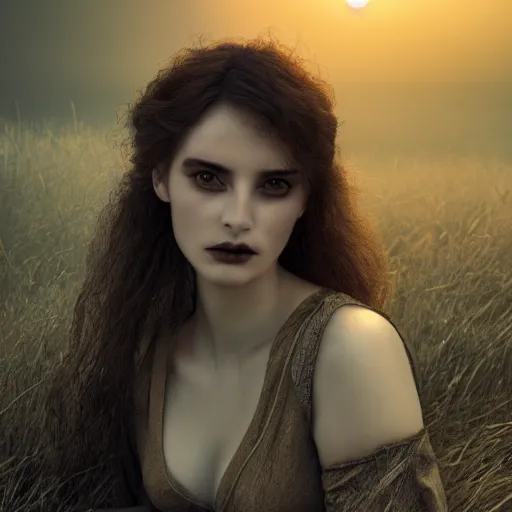 Image similar to portrait of a stunningly beautiful gothic female in soft dreamy light at sunset, by edward robert hughes, annie leibovitz and steve mccurry, david lazar, jimmy nelsson, breathtaking, 8 k resolution, extremely detailed, beautiful, establishing shot, artistic, hyperrealistic, beautiful face, octane render