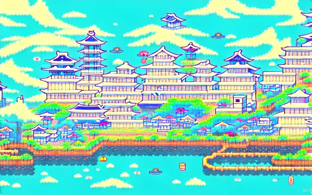 Prompt: a japanese city near the sea, lofi, dreamy, moody, very colorful, anime inspiration, ghibli vibe, very pixelart, hd