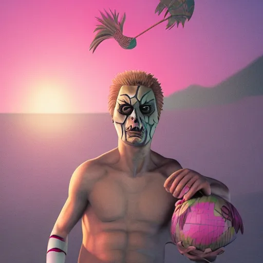 Image similar to Michael Meyers on the beach in swimming trunks with pineapple design holding a pink flamingo volleyball, hyperdetailed, artstation, cgsociety, 8k