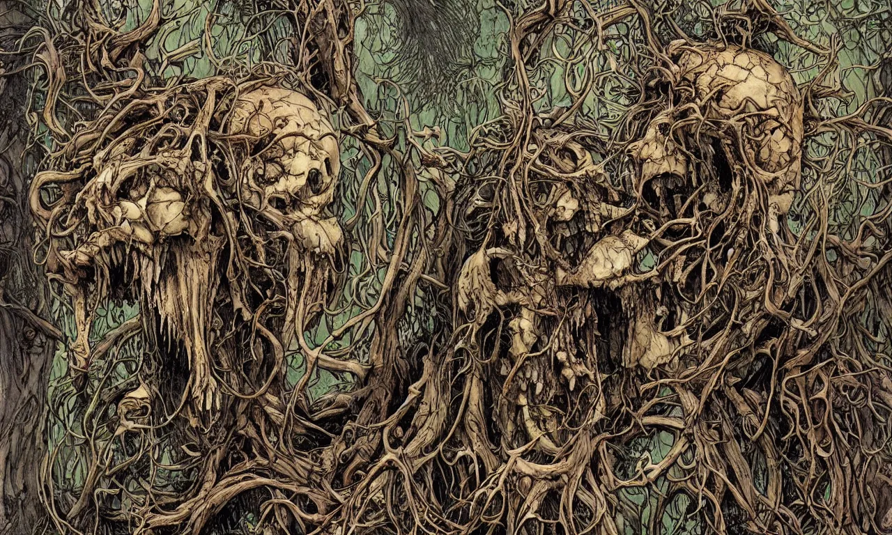 Prompt: hyperdetailed art nouveau portrait of treebeard as a cthulhu eyeball skull wendigo cryptid, by geof darrow, simon bisley and bill sienkiewicz, grim yet sparkling atmosphere, photorealism, claws, skeleton, antlers, fangs, forest, wild, crazy, horror, lynn varley, lovern kindzierski, steve oliff