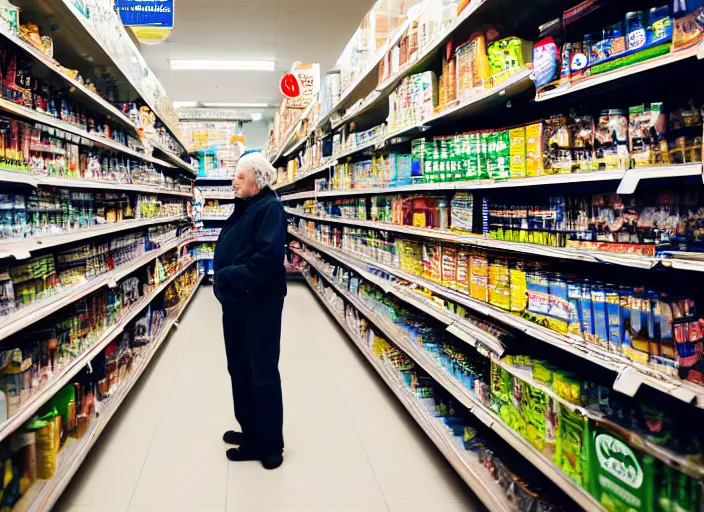 Image similar to photo of Gandalf stacking supermarket shelves, depressing, sad, 85mm f1.8