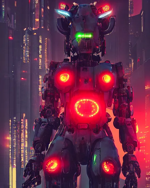 Image similar to “ cyberpunk mecha bull with glowing red eyes, bull horns, hyper detailed, octane render, cyberpunk city background ”