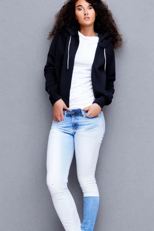 Prompt: full - body shot female fashion model wearing jeans and hoodie on white background for ecommerce