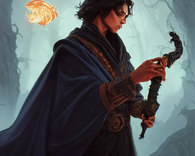 Image similar to young shadow mage male, holding a wizard pipe, shrouded face, deep focus, d & d, fantasy, intricate, elegant, highly detailed, digital painting, artstation, concept art, matte, sharp focus, illustration, hearthstone, art by artgerm and greg rutkowski and alphonse mucha