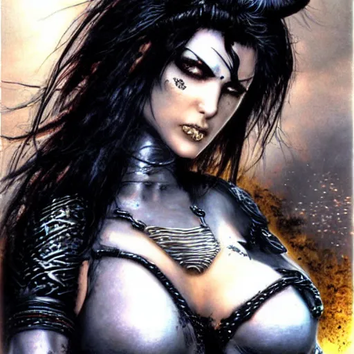 Image similar to female warrior, black hair, cinematic, by luis royo