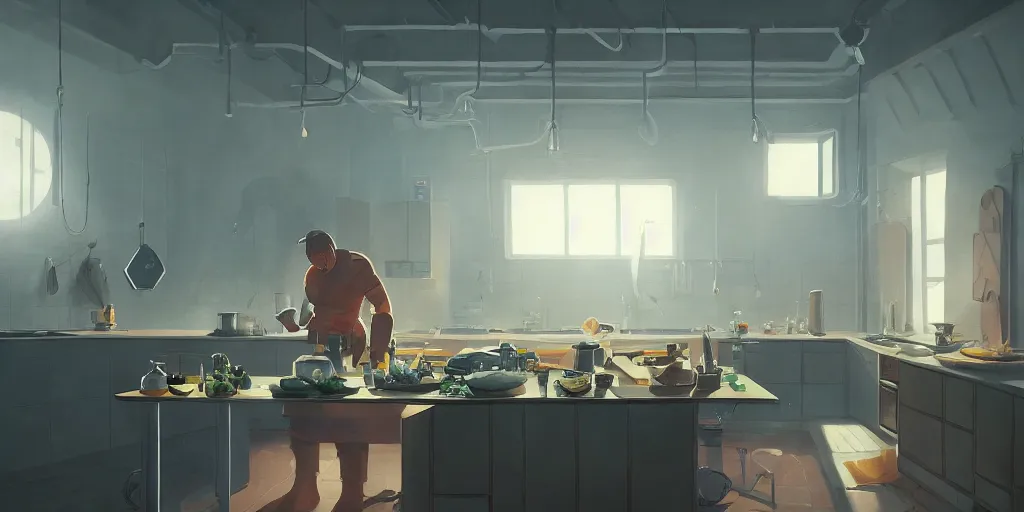 Prompt: minimalistic kitchen dim lit by a candle ripped physique simon stalenhag gerald brom bastien grivet by greg rutkowski, fisheye camera, extreme perspective