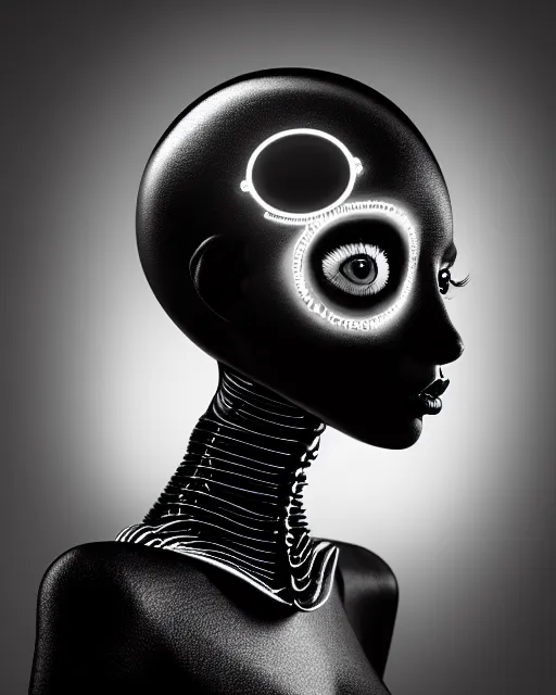 Image similar to surreal mythical dreamy dark artistic black and white fine art 3 / 4 fashion portrait photo of a young beautiful delicate female robot with orchid - owl face, rim light, cinematic, studio dramatic light, poetic, masterpiece, octane render, 8 k, photo - realistic by hg giger and man ray