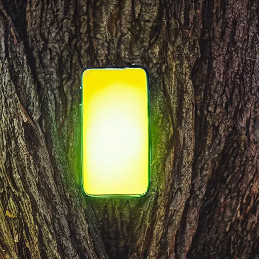 Image similar to A phone glowing and floating in a tree, 35mm photograph