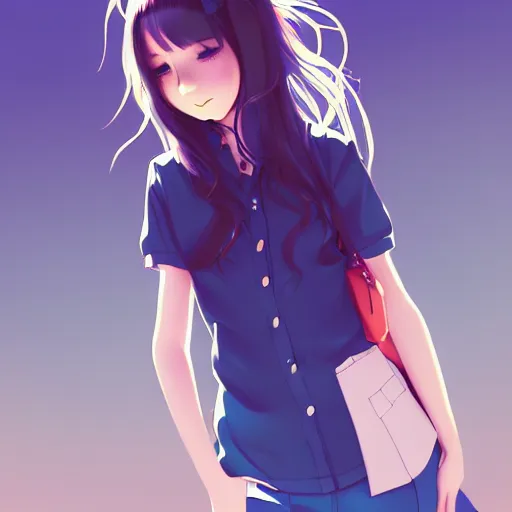 Image similar to urban school girl in shirt fanart, dark blue long hair, muted colors, matte print, pastel colors, ornate, digital art, cute smile, digital painting, fan art, elegant, pixiv, by Ilya Kuvshinov, by Studio Ghibli