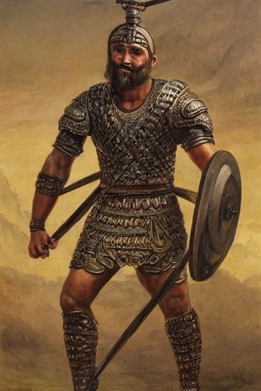 Prompt: ancient Mesopotamian warrior, thick braided beard, intricate bronze armour, very muscly, black skin, strongman, big smile. holding a bow. Full body dynamic action pose. Oil painting. masterwork.