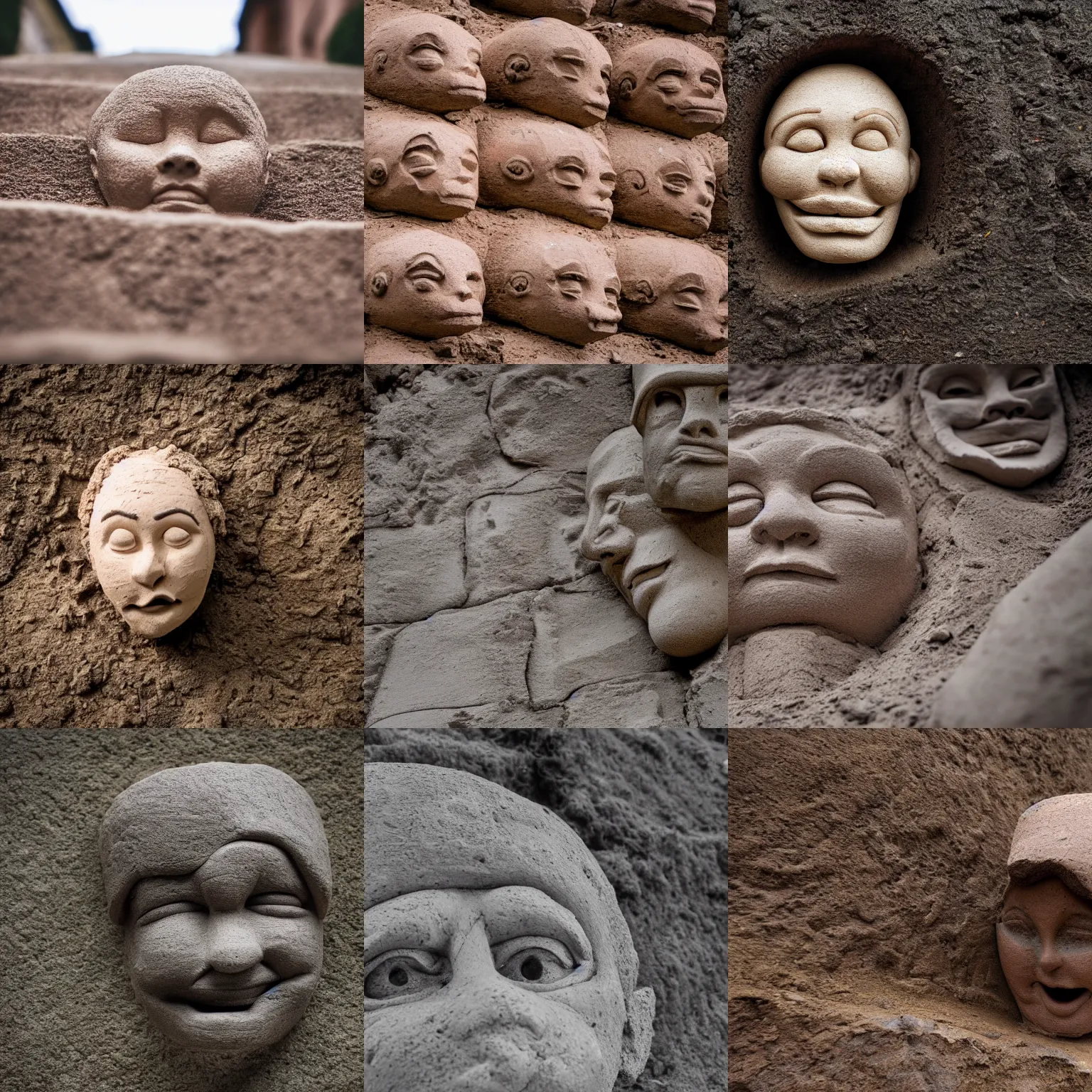 Prompt: clay head exaggerated features rolling down a steep street, motion blur,