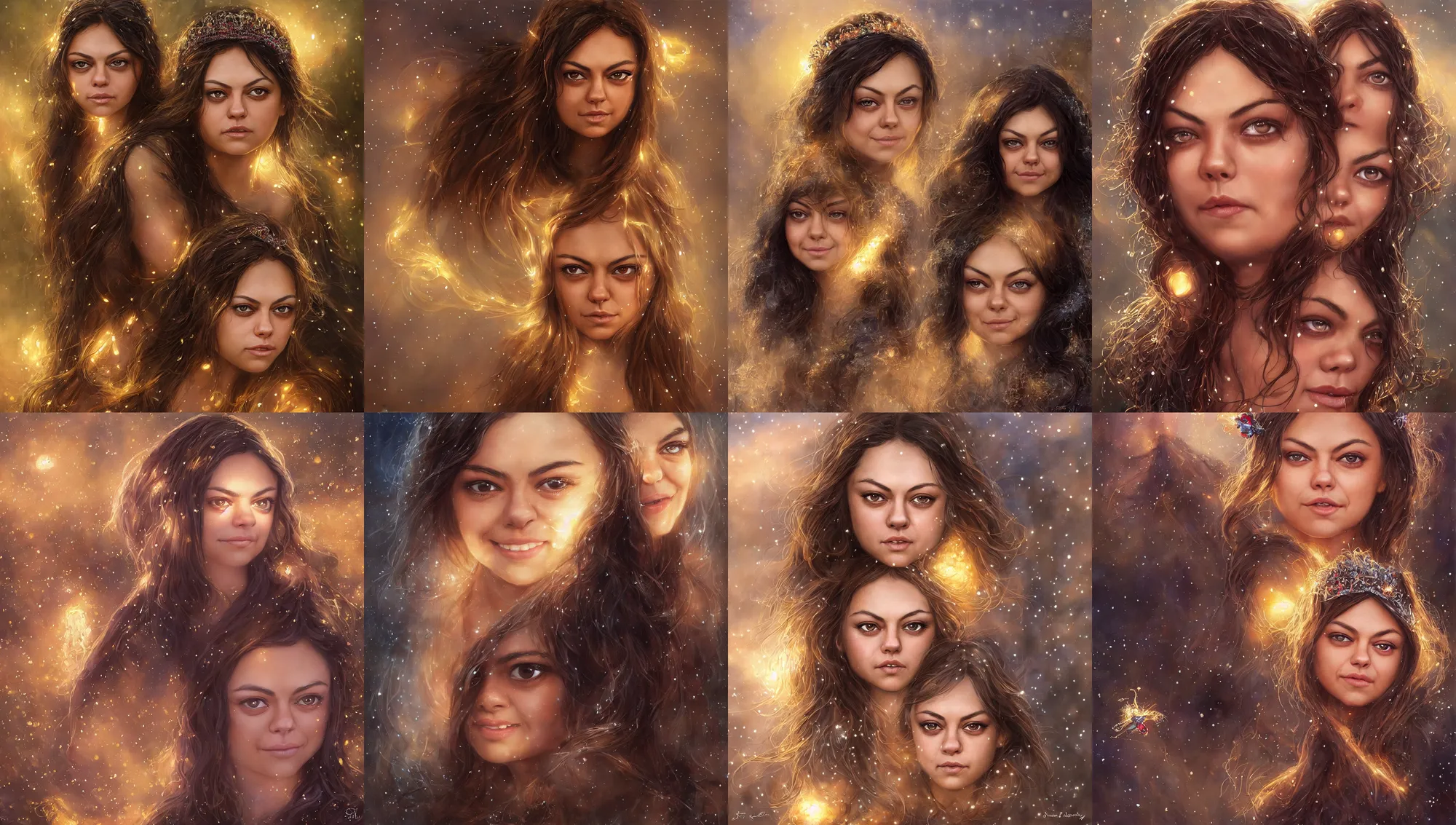 Image similar to big - eyed mila kunis winter princess smiling intensely into the camera, sundown golden hour firefly wisps, steve hanks, charlie bowater, mark brooks, steve henderson, justin gerard, mark keathley, victor nizovtsev, tom bagshaw, krenz cushart, ross tran, focal length : 2 0 0. 0 mm