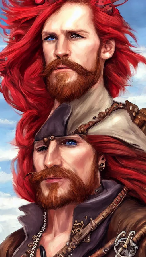 Image similar to portrait of a male pirate with flowing red hair!!!!!!, airship in the background!!!!!!, lean body!!, Steampunk!!!!!!!, D&D, fantasy, simple clothing!!!!, elegant, highly detailed, digital painting, artstation, concept art, sharp focus, illustration, art by Artgerm and Greg Rutkowski and Alphonse Mucha