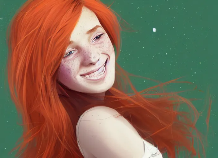 Image similar to portrait of a beautiful smiling girl with orange hair and freckles, green eyes, highly detailed, digital painting, concept art, smooth, sharp, focus, background is purple, trending on deviantart