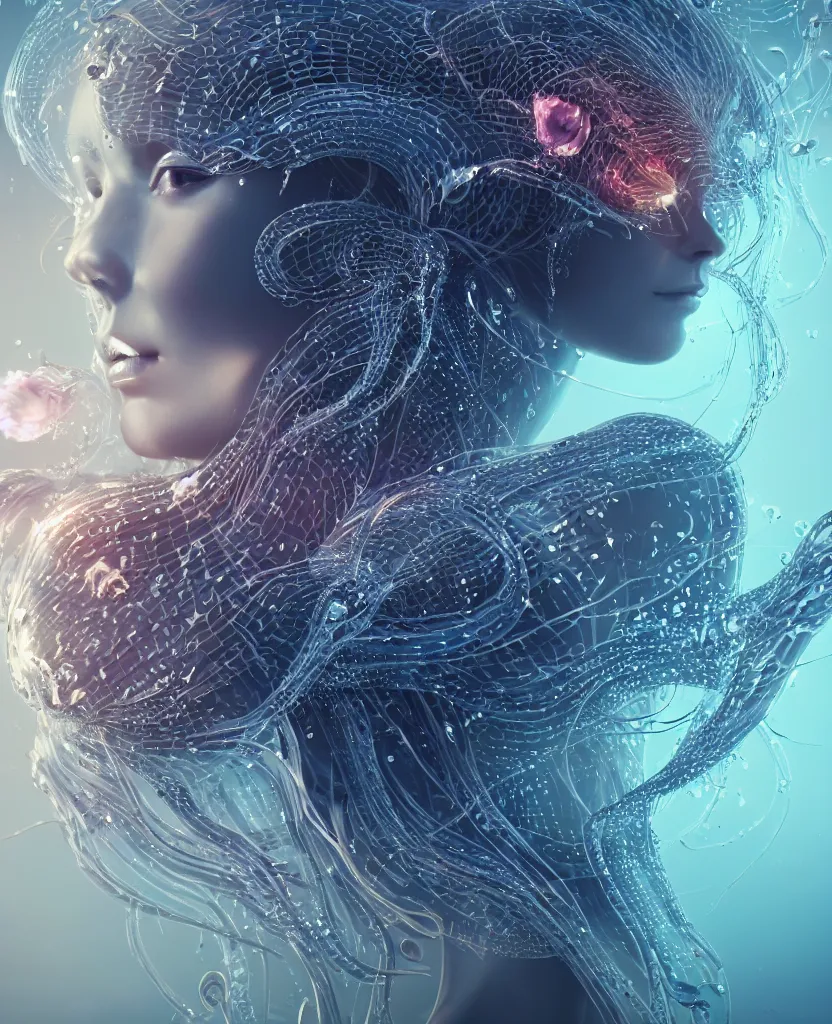 Image similar to close-up macro portrait of the face of a beautiful princess, epic angle and pose, symmetrical artwork, 3d with depth of field, blurred background, cybernetic jellyfish female face skull phoenix bird, translucent, nautilus, energy flows of water and fire. a highly detailed epic cinematic concept art CG render. made in Maya, Blender and Photoshop, octane render, excellent composition, cinematic dystopian brutalist atmosphere, dynamic dramatic cinematic lighting, aesthetic, very inspirational, arthouse. y Greg Rutkowski, Ilya Kuvshinov, WLOP, Stanley Artgerm Lau, Ruan Jia and Fenghua Zhong