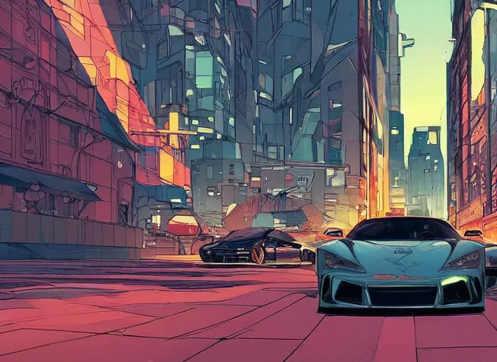 Image similar to a sport car in a city, sharp focus. cinematic pose, cinematic lighting, art by josan gonzales and moebius and deathburger.