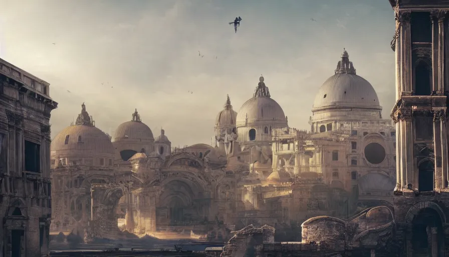 Image similar to an alien ufo high tech spaceship landing on ancient italy venice city landscape with beautiful temples by greg rutkowski, artgerm, ross tran, magali villeneuve, intricate, time travel theme, audince in awe, spectacle, audience sorrounding, award winning, octane render, masterpiece, 8 k