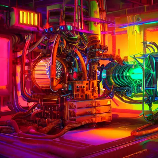 Image similar to album art, album is called tripmachine, photo of a huge futuristic dieselpunk engine inside a machinery, 8 k, fluorescent colors, halluzinogenic, multicolored, exaggerated detailed, front shot, 3 d render, octane