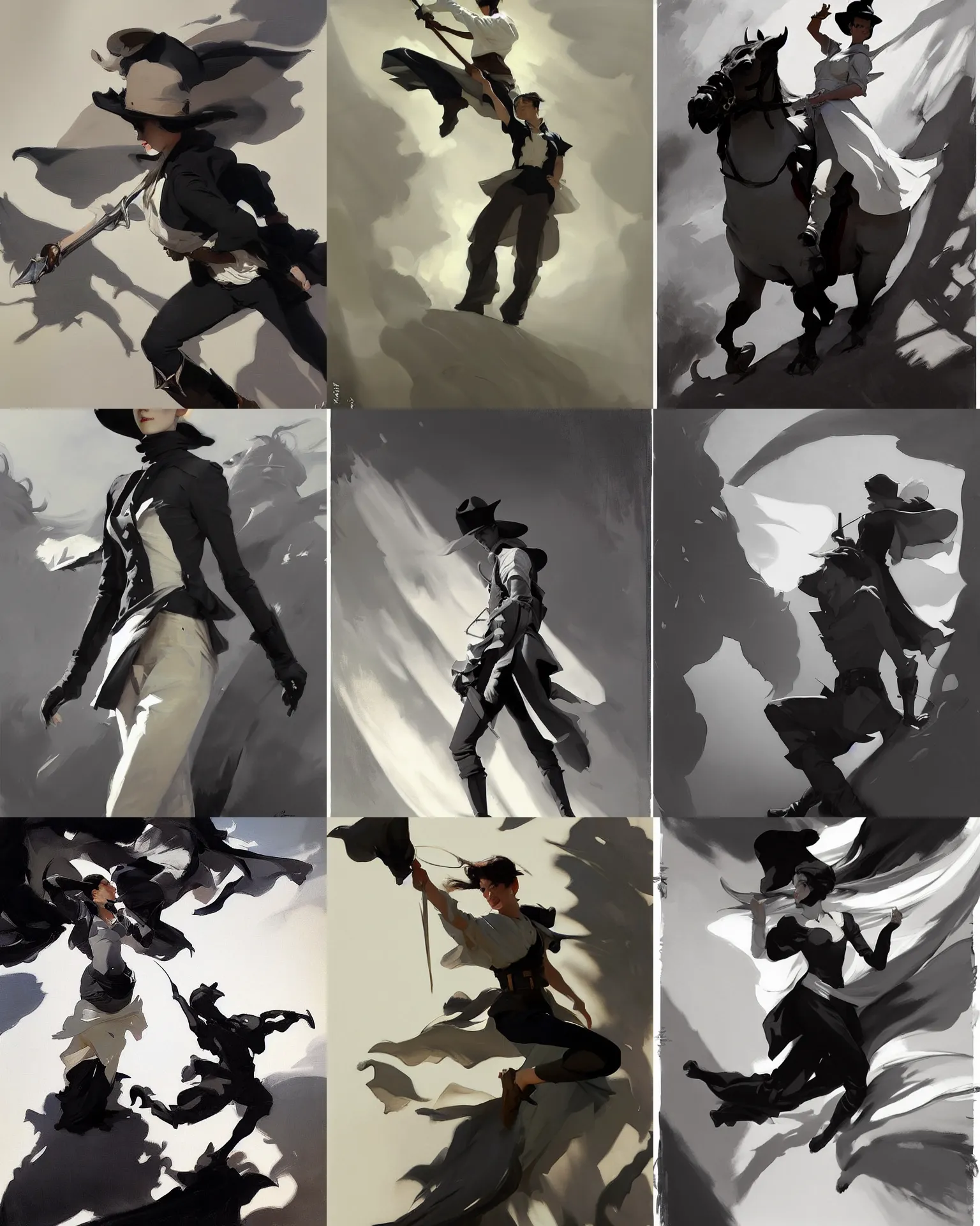 Prompt: black and white cloth fabric jodhpurs greg manchess painting by sargent and leyendecker, studio ghibli, fantasy, medium shot, asymmetrical, intricate, elegant, matte painting, illustration, hearthstone, by greg rutkowski, by greg tocchini, by james gilleard, by joe fenton