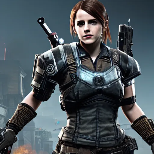 Image similar to emma watson in gears of war, destiny 2, witcher 3, god of war, warframe, cyberpunk 2 0 7 7, overwatch, fortnite, highly detailed, extremely high quality, hd, 4 k, professional photographer, 4 0 mp, lifelike, top - rated, award winning, realistic, detailed lighting, detailed shadows, sharp, edited, corrected, trending