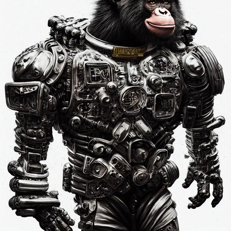 Image similar to a portrait of a muscular anthropomorphic cyberpunk chimp in spacesuit armor with ensignia on chest plate by sandra chevrier, by jon foster, detailed render, post - processing, extremely hyperdetailed, intricate, epic composition, cybernetics, 4 k realistic, cryengine, realistic shaded lighting, sharp focus, masterpiece, by enki bilal