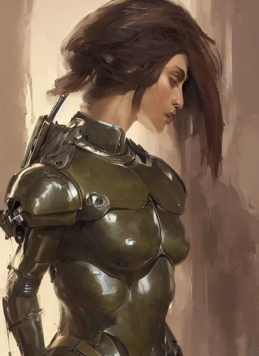 Image similar to a professional painting of a beautiful young female, clothed in military armor, olive skin, long dark hair, beautiful bone structure, symmetrical facial features, intricate, elegant, digital painting, concept art, smooth, sharp focus, illustration, from Metal Gear, by Ruan Jia and Mandy Jurgens and Artgerm and William-Adolphe Bouguerea