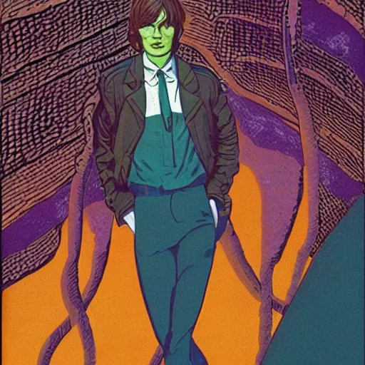 Prompt: a vibrant and eerie illustration from the 1970s depicting a young man who is beautiful but creepy and looks like cillian murphy, in the style of Moebius