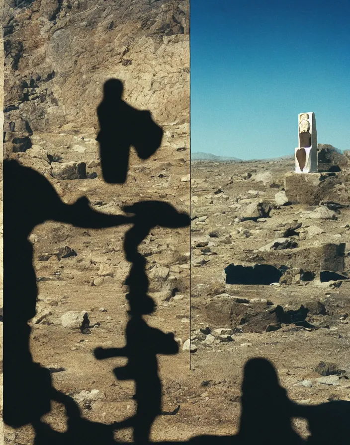 Prompt: levitating ghost silhouette with full - face golden mask in a dry rocky desert landscape, visible sky and sunny atmosphere, fata morgana and giant square mirrors by alejandro jodorowsky, anamorphic lens, kodakchrome, practical effects, masterpiece, 8 k