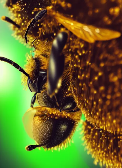 Prompt: highly detailed macro photo of a bee, stephen bliss, unreal engine, global illumination, radiant light, detailed and intricate environment