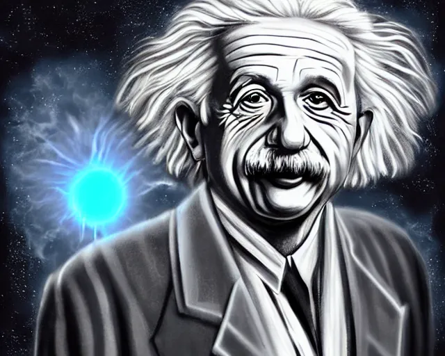 Image similar to albert einstein holding a black hole, psytrance portrait artwork, by sam spratt