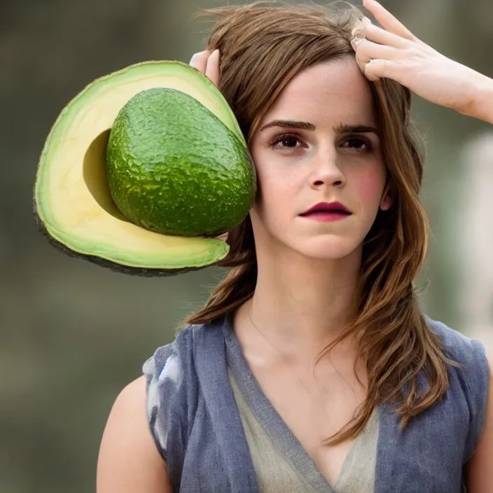 Image similar to emma watson as an avocado, movie still, 8 k