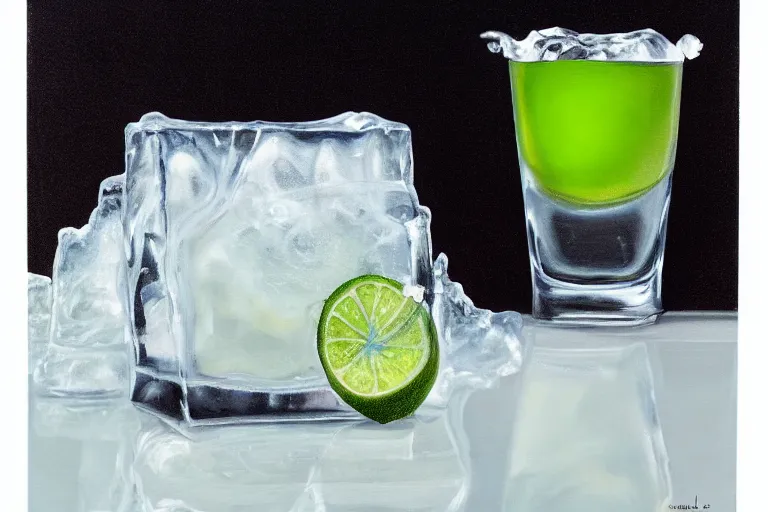 Image similar to oil painting portrait of an ice cube starting to melt in the forefront surrounded by a lime wedge, an empty bottle of tequila and ( fallen salt shaker ). black background