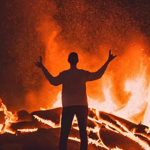 Image similar to a selfie of a guy making a peace sign while standing in a fire