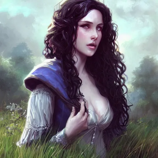 Image similar to yennefer of vengerberg in a field, detailed face, cute, playful, pearlescent, fantasy, featured on artstation, in the style of daniel gerhartz and krenz cushart, Alexis Franklin, Thomas River, WLOP, Artgerm by Charlie Bowater