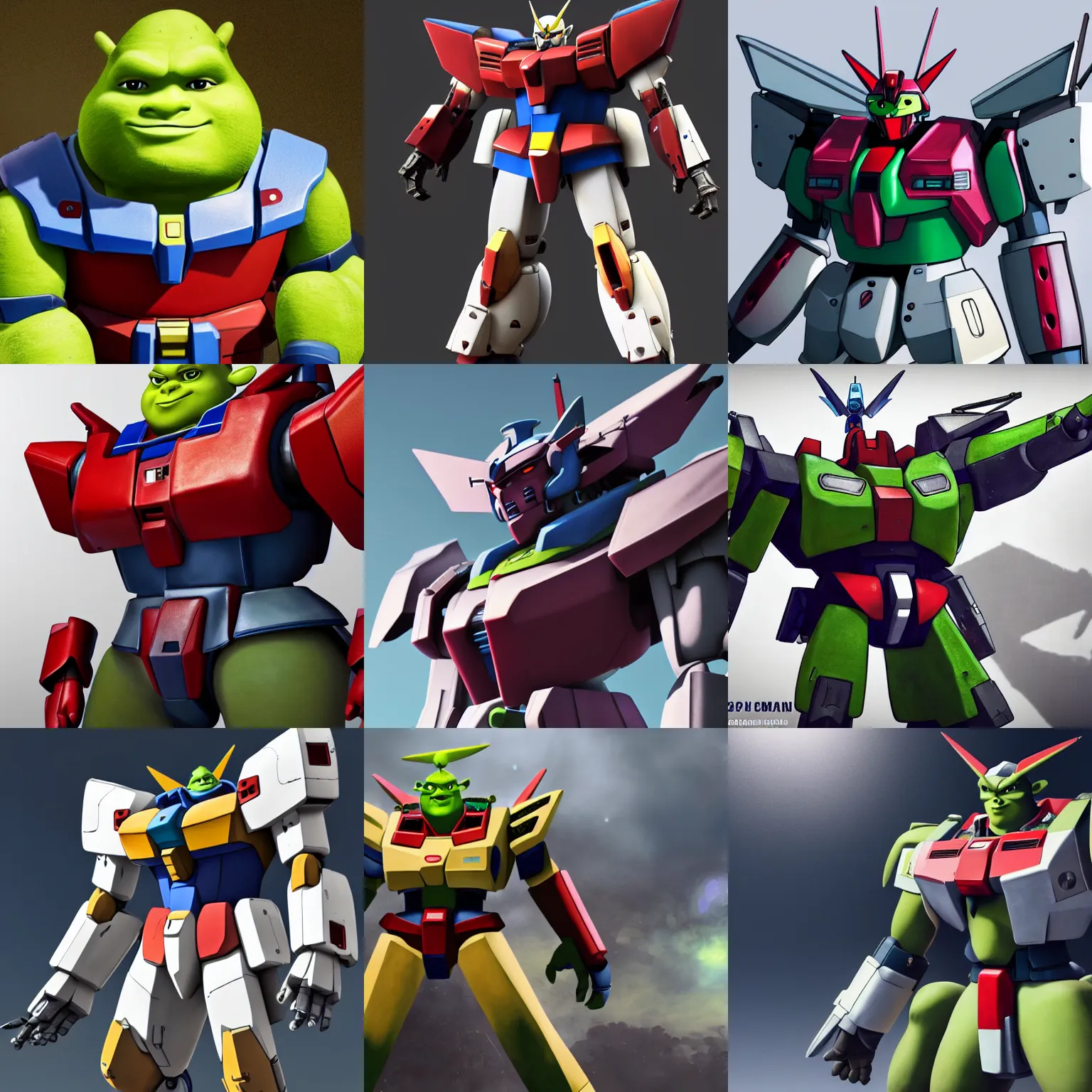 Prompt: Gundam that looks exactly like Shrek, photorealistic cg, 4k, unreal engine, trending on art station