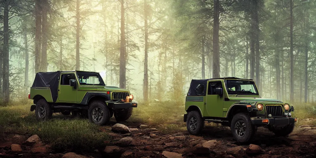 Image similar to Mahindra thar, in the forest, plants environment, wide angle, cinematic lighting, atmospheric, realistic, cinematic, octane render, highly detailed, color graded, in the style of simon stalenhag