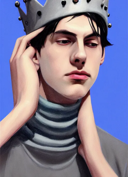 Image similar to portrait of teenage jughead jones wearing a light grey crown, crown, blue turtleneck, 1 9 5 0 s, closed eyes, photorealistic, black hair, glowing lighting, intricate, elegant, glowing lights, highly detailed, digital painting, artstation, concept art, smooth, sharp focus, illustration, art by wlop, mars ravelo and greg rutkowski