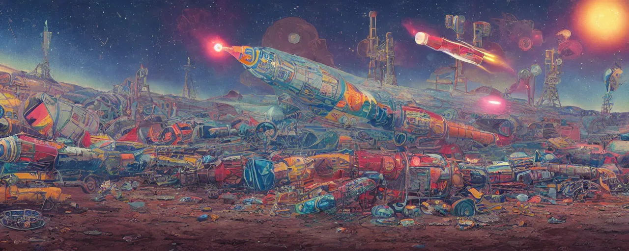 Prompt: illustration of a cosmic junkyard with old colorful rockets and broken spaceships, detailed digital painting, masterpiece, rendered in Octane, by Moebius.