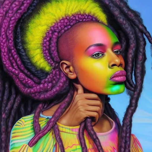 Image similar to a wide angle shot of a black girl with colorful dreadlocks in a field of candy, by Adi granov and afarin sajedi and amanda sage and evgeni gordiets and Agostino Arrivabene and adonna khare in a psychedelic portrait style, ultrarealistic matte painting, volumetric lighting, fractal, extremely symmetrical, highly detailed face, orisha, 8k, hd