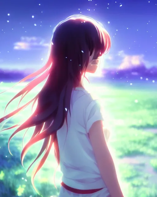 Image similar to anime style, vivid, expressive, full body, 4 k, painting, a cute girl with white skin and a long wavy hair humming a song, stunning, realistic light and shadow effects, centered, simple background, studio ghibly makoto shinkai yuji yamaguchi