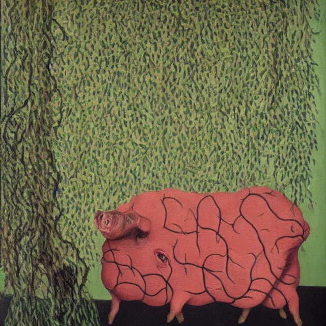 Prompt: a pathology student in her apartment, wrapped in vines, large stones, pig, black walls, black armchair, puddles, moss, acrylic on canvas, surrealist, by magritte and monet