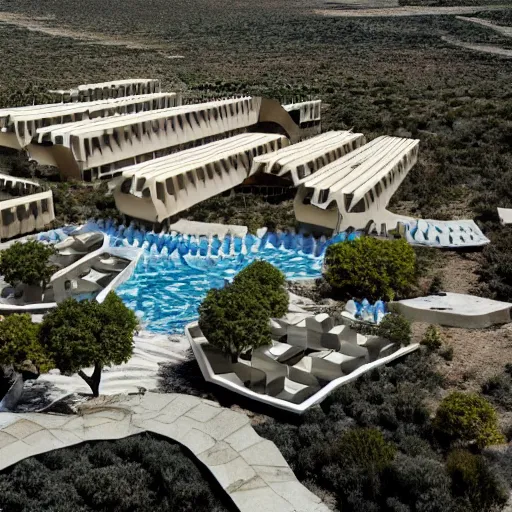 Image similar to brutalism luxury hotel in the desert, biophilia mood, pool, garden, highly detailed, cinematic, photorealistic,