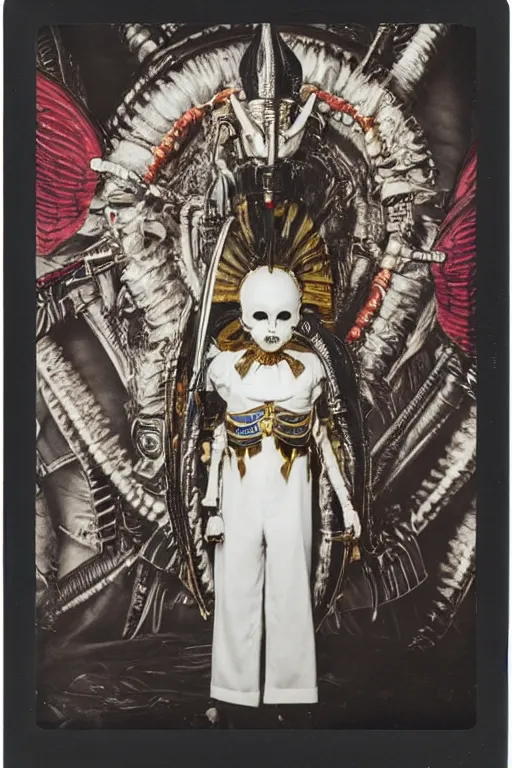 Image similar to polaroid still symmetry frame from Alien Covenant movie by Takashi Murakami, Count Orlok wearing Polish Winged Hussars armor made with porcelain dressed by Salvatore Ferragamo and by Chanel, haute couture painted by Peter Paul Rubens and by John Baeder by Jean-Michel Basquiat, editorial fashion photography, from vogue magazine