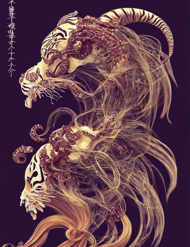 Image similar to 3 d goddess tiger skull half - turn portrait with long hair with ram skull. beautiful intricately detailed japanese crow kitsune mask and clasical japanese kimono. betta fish, jellyfish phoenix, bio luminescent, plasma, ice, water, wind, creature, artwork by tooth wu and wlop and beeple and greg rutkowski